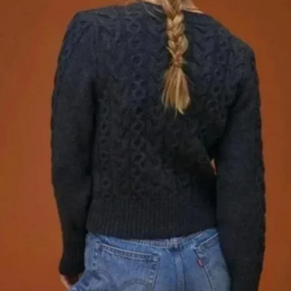 Anthropologie Maeve Cable Knit Fuzzy Shrunken Cardigan Sweater Gray Medium - Picture 3 of 6
